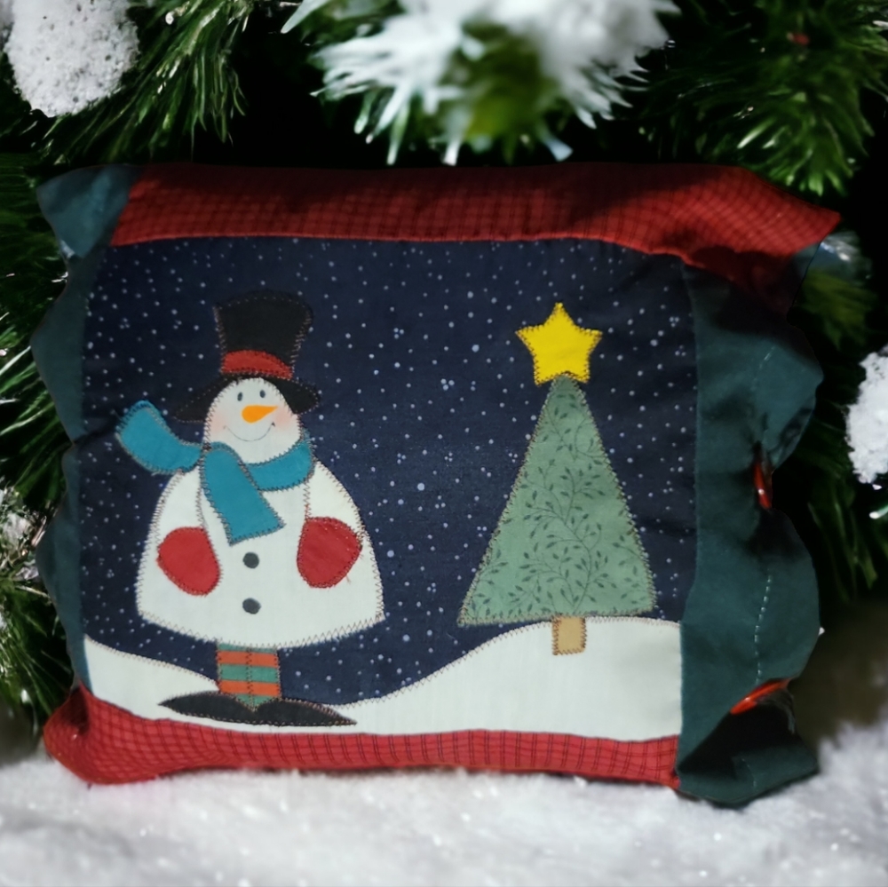 Vtg Hand Crafted Christmas Tree Snowman Star Button Tied Throw Pillow